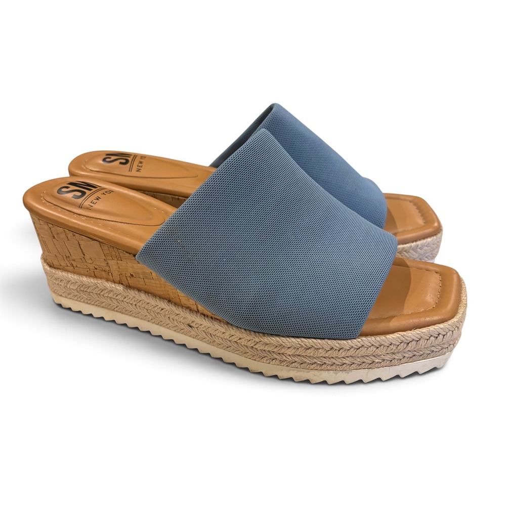 SM New York Jayla Blue Textile Espadrille Cork Wedge Platform Sandals 7M